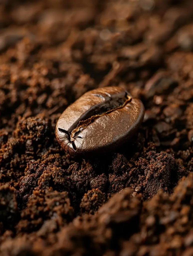 a coffee bean on a pile of spent coffee grounds