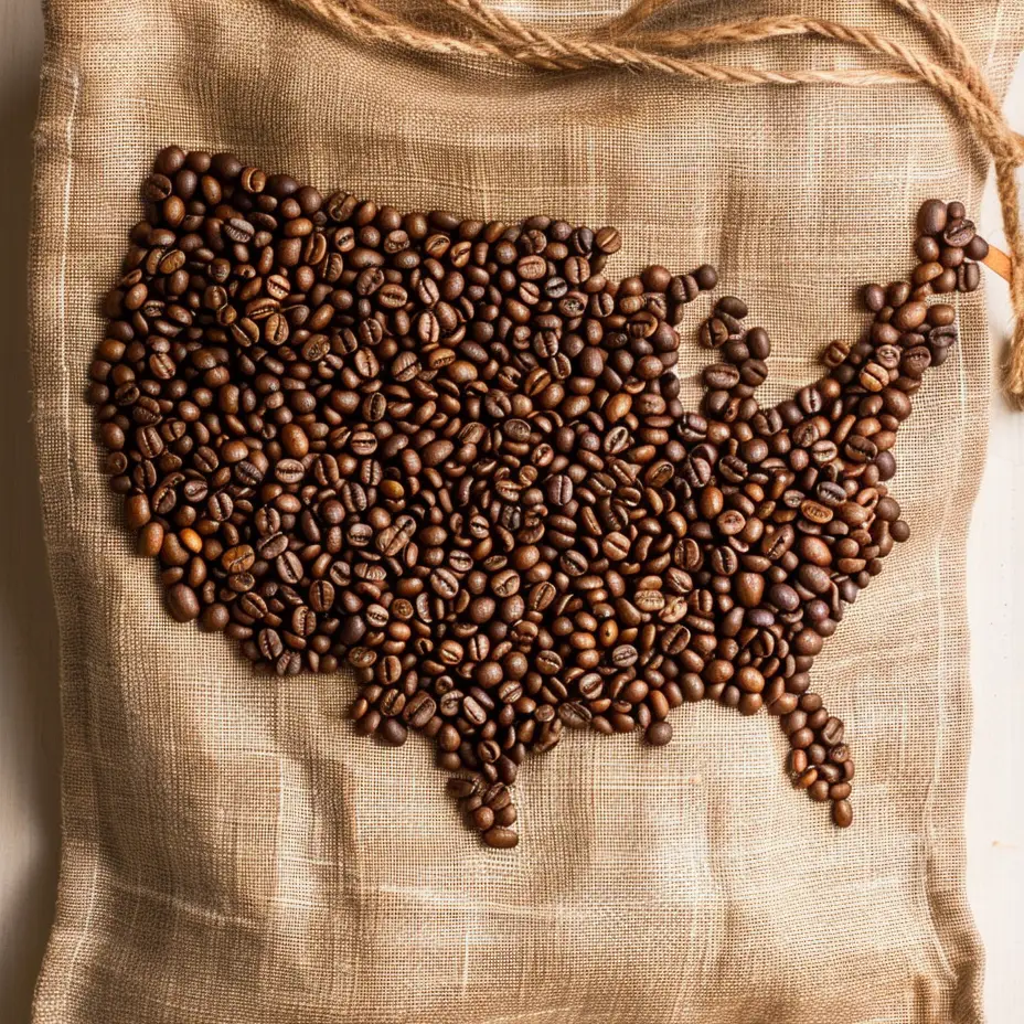 map of the united states composed of coffee beans on a burlap sack