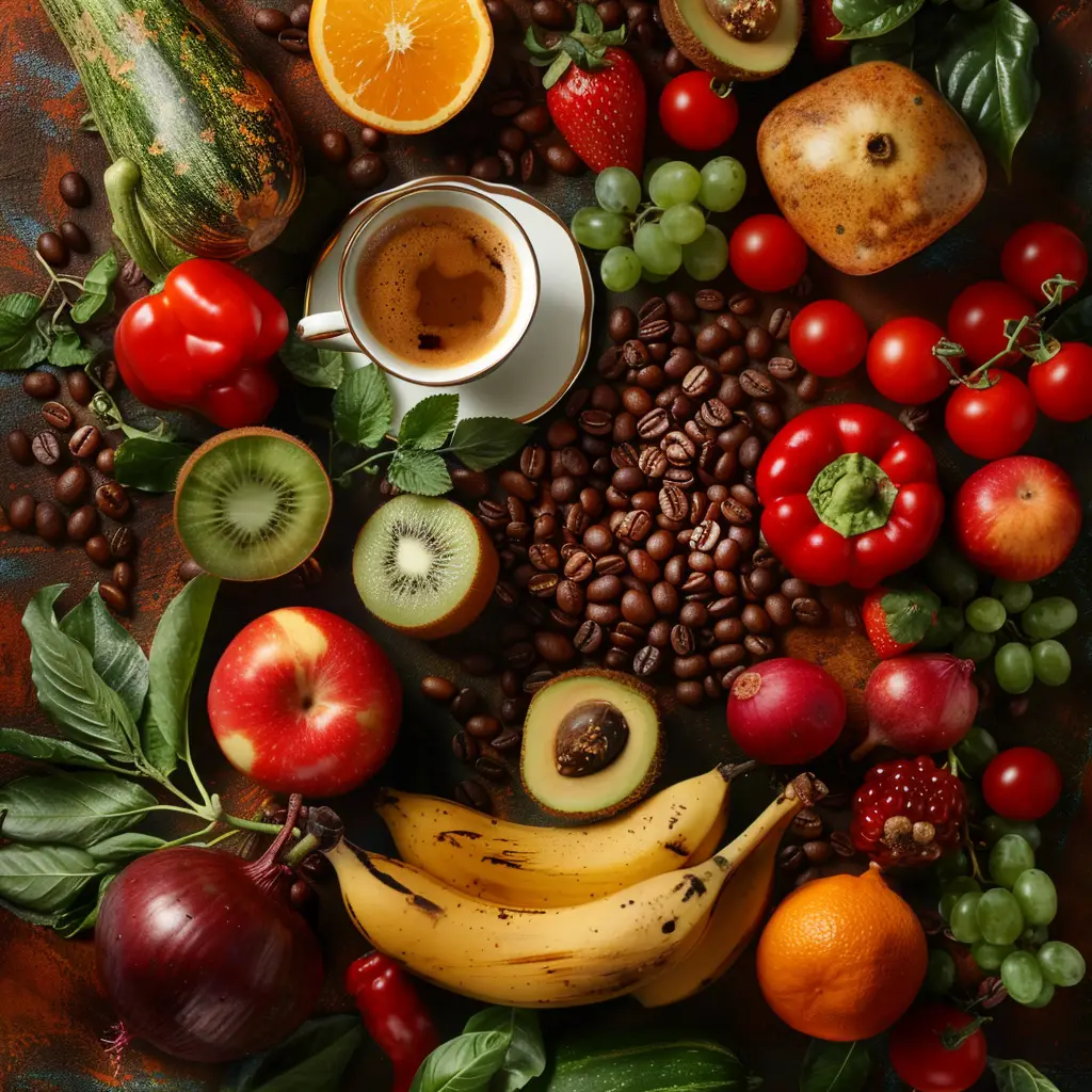 birds-eye view of ogranic coffee beans surrounded by colorful organic fruits and vegetables