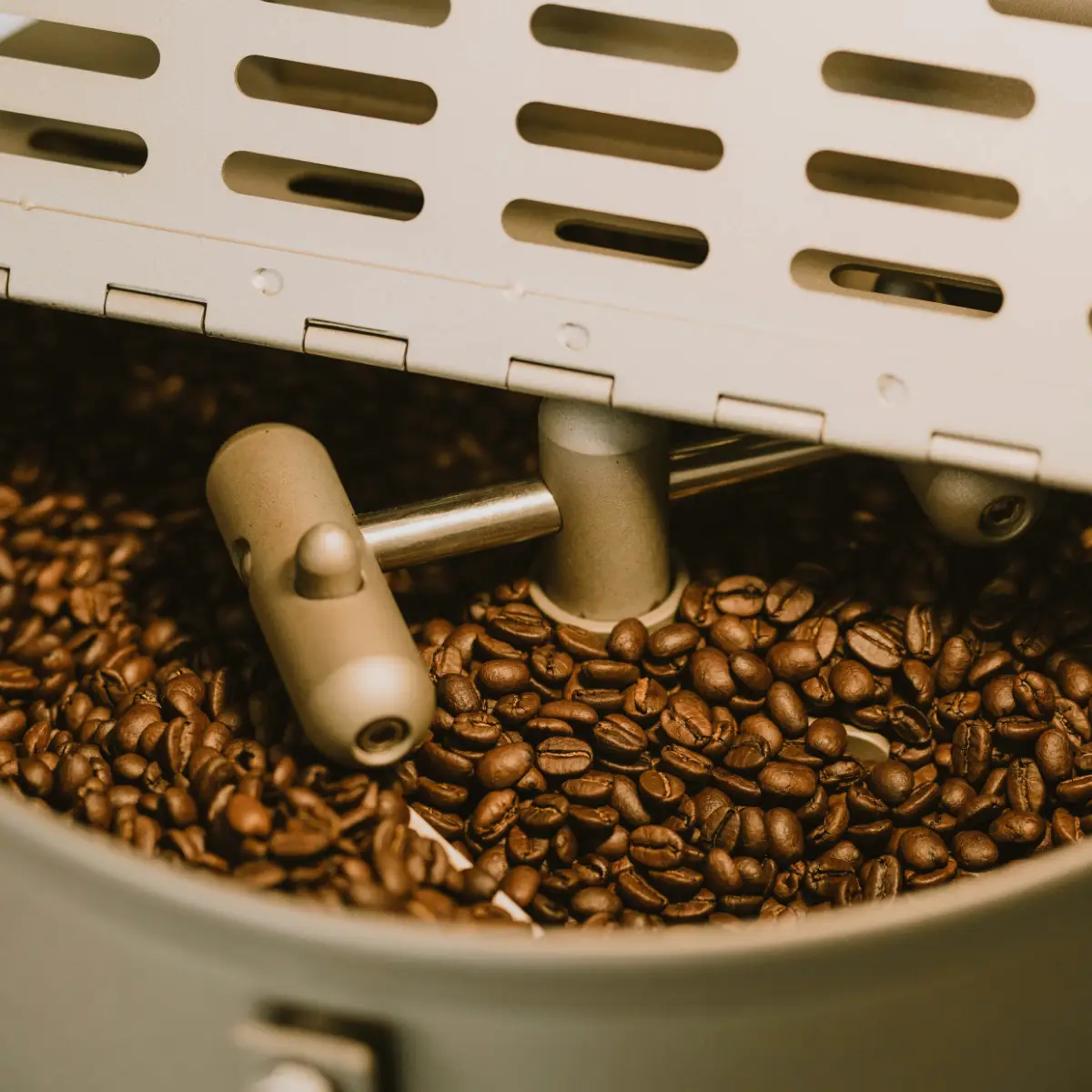 looking down at a cup of hot coffee surrounded by coffee beans