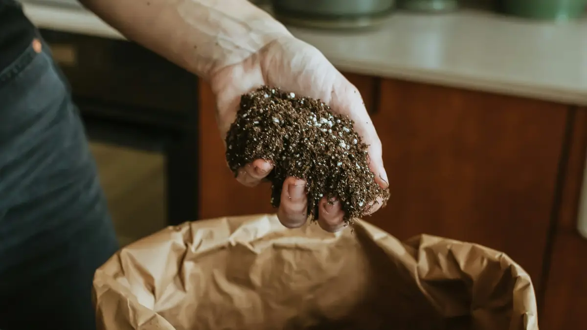 handful or fertilizer from a brown bag